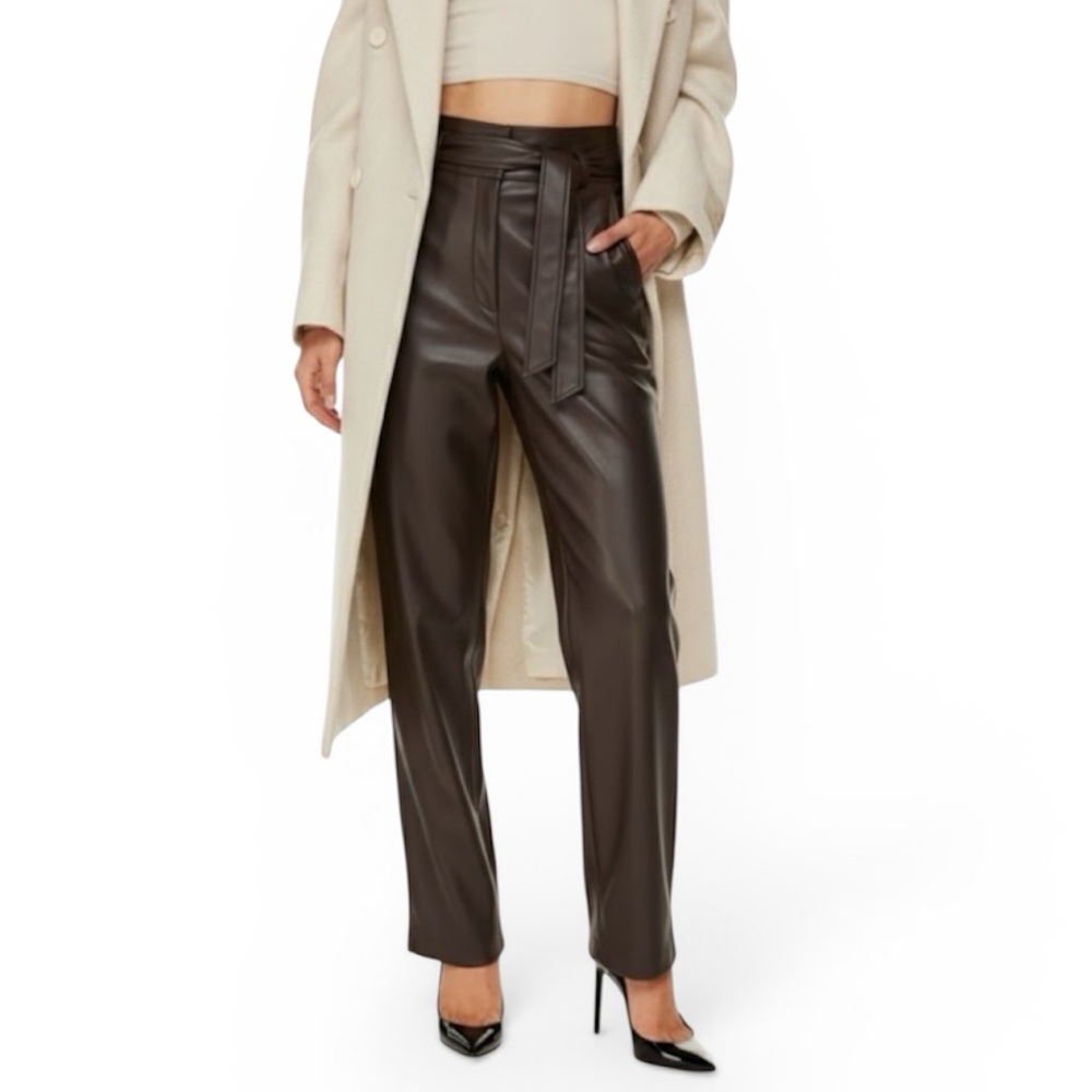 Aritzia Babaton Belted High Rise Brown Vegan Leather Straight Leg Pant size 8